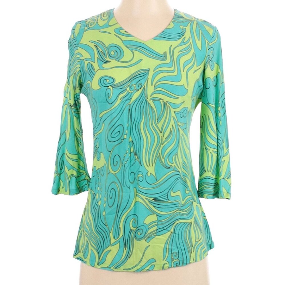Iolani Soft Rayon V-Neck 3/4 Sleeve Blouse Blue & Green XS EUC